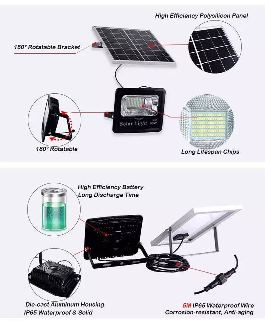 25W 40W 60W 100W 5730 SMD Solar LED Flood Light with Remote Control