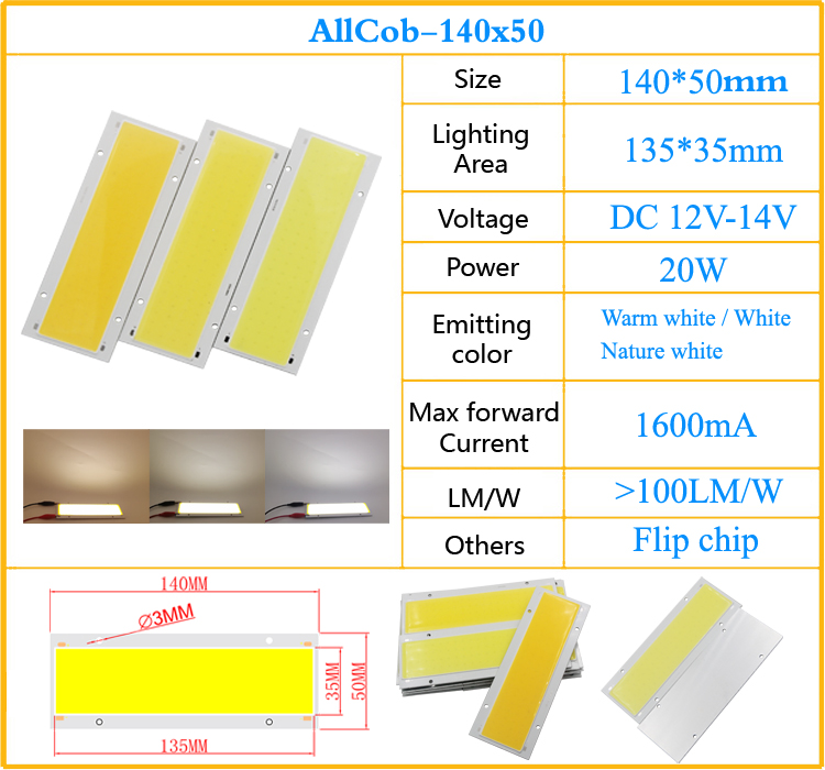 20W LED COB Light Module 140*50mm DC 12V 1500mA Warm / Natural White / White