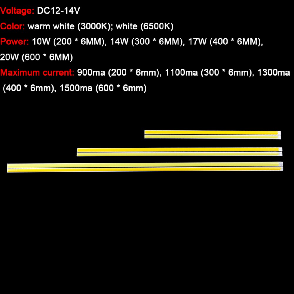 8/10/12/14/16W COB LED Long Strip Bar 200/300/400/500/600*6mm 12V