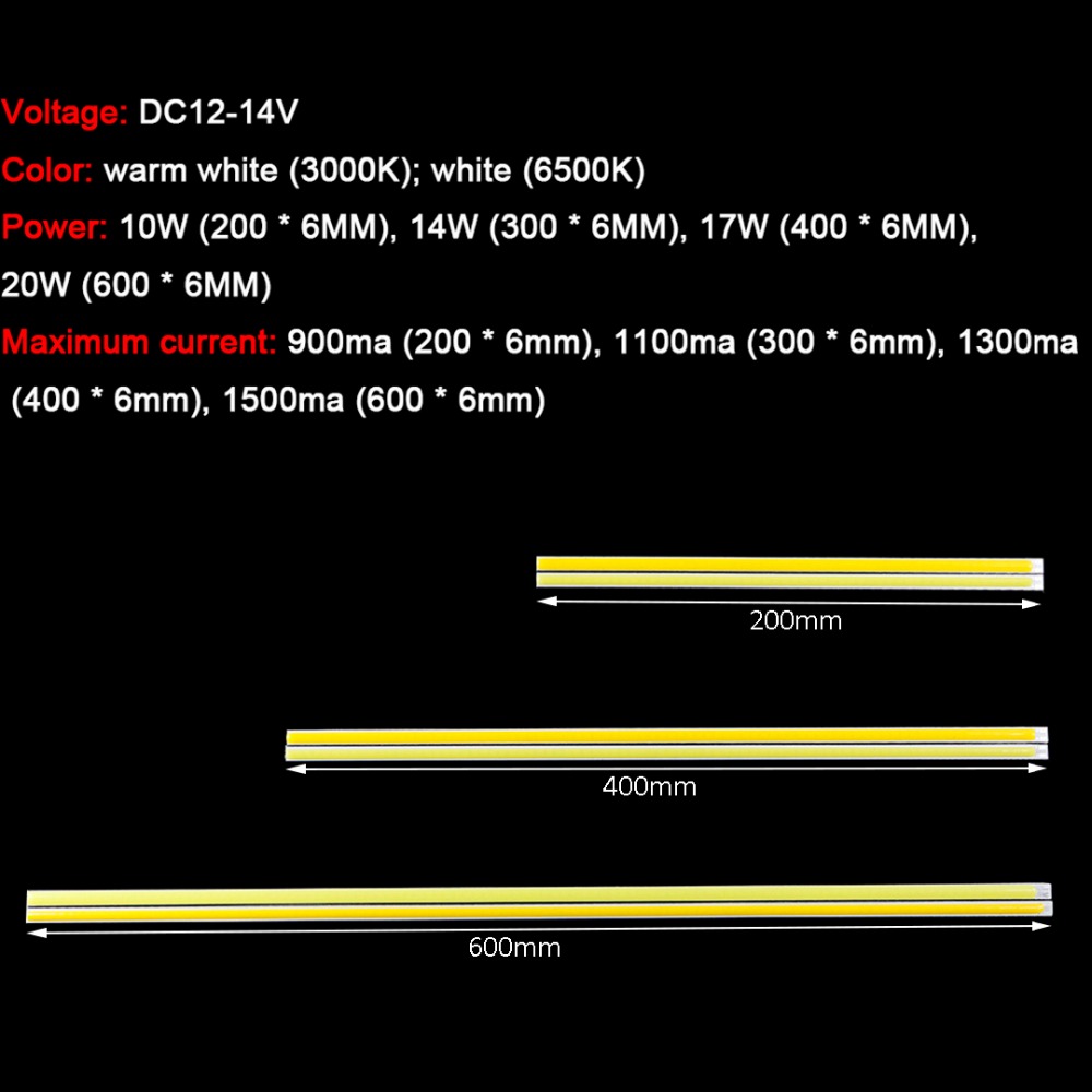 8/10/12/14/16W COB LED Long Strip Bar 200/300/400/500/600*6mm 12V