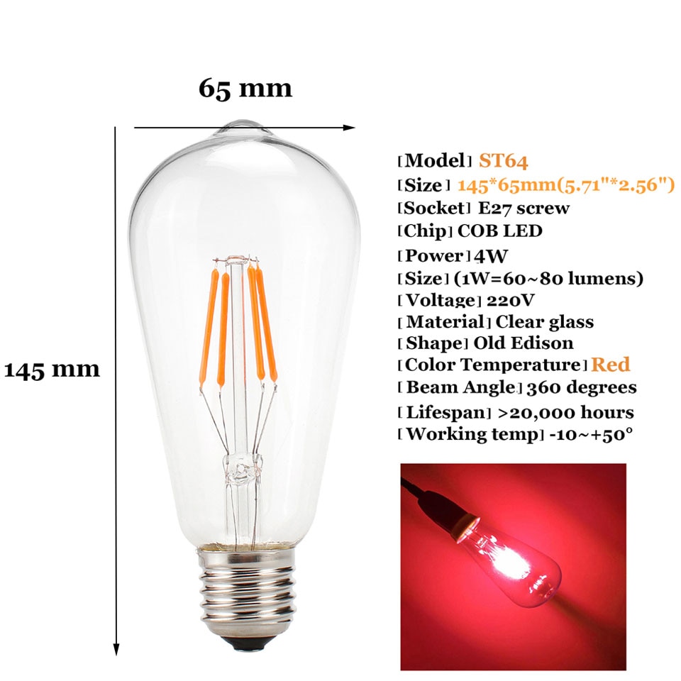 4W E27 ST64 LED Edison Bulb AC220V Home Light LED Filament Candle Bulb