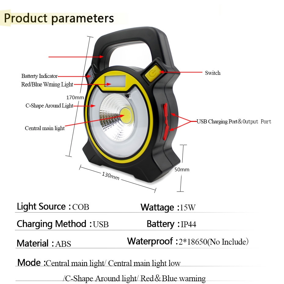 15W Recharge Portable COB LED Floodlight 18650 Battery Work Light Emitting White + Red/Blue Flash