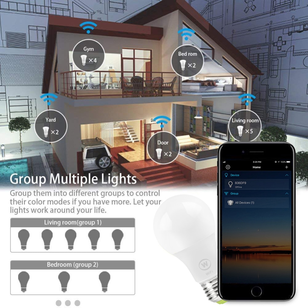 WiFi Smart Light Bulb 6.5W E27 lamp 2700-3500K NO RGB White Light and Warm Light Only for Amazon Alexa Google Home 650ml