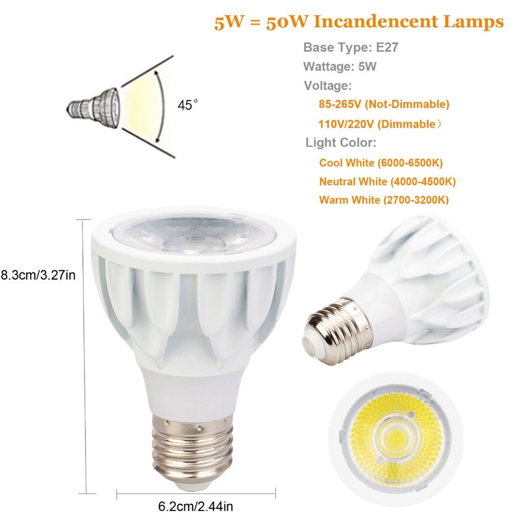 5W E27 COB LED Bulb Lamp AC110V/220V/85-265V Home Light Aluminum Spotlight