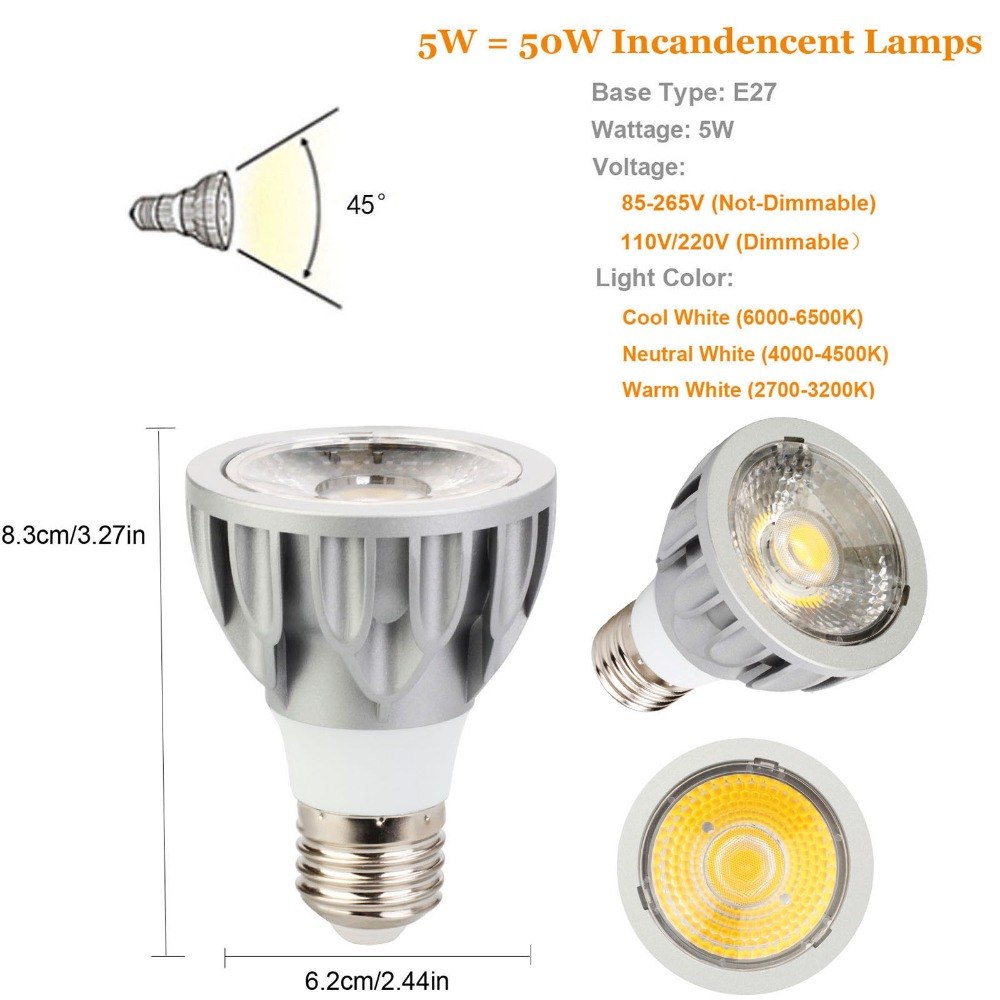 5W E27 COB LED Bulb Lamp AC110V/220V/85-265V Home Light Aluminum Spotlight