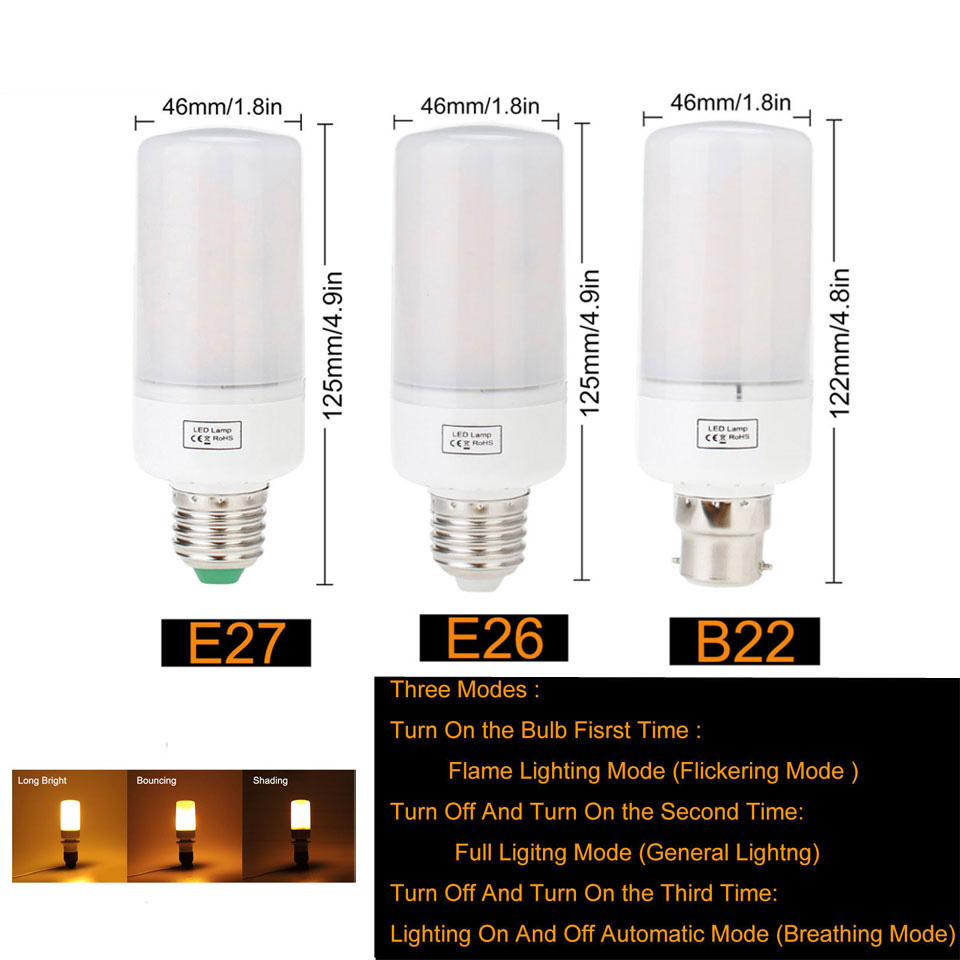 5W E27 E26 B22 2835 SMD Warm White LED Corn Bulb Lamp AC85V-265V Flame Fire Light 1