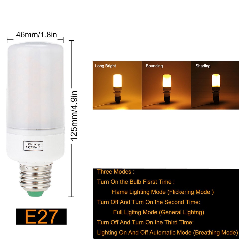 5W E27 E26 B22 2835 SMD Warm White LED Corn Bulb Lamp AC85V-265V Flame Fire Light 2