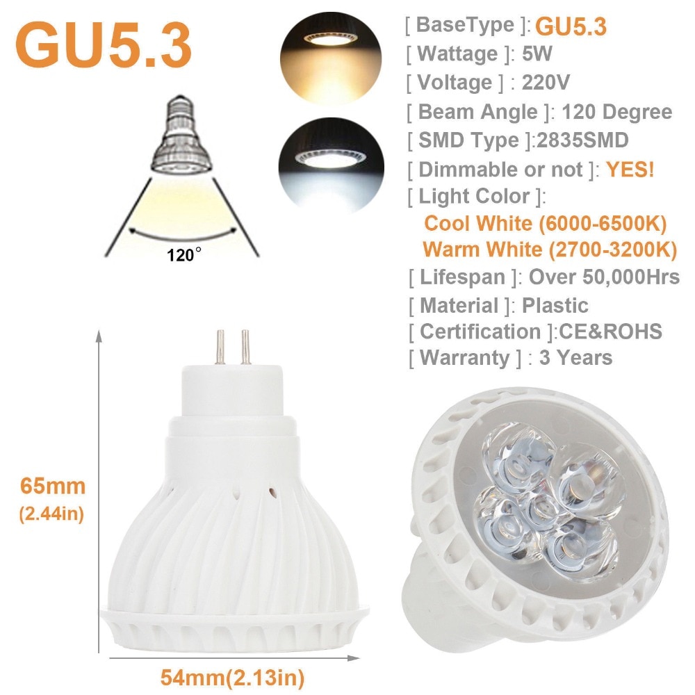 5W E27 GU10 GU5.3 2835 SMD LED Bulb Lamp 220V Home Light Dimmable Spotlight