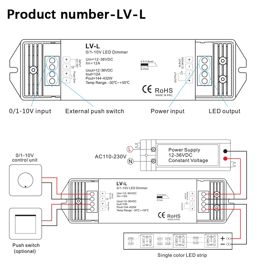 LV-L DC12-36V 12A PWM CV 1 Channel 0/1-10V Dimming  Driver