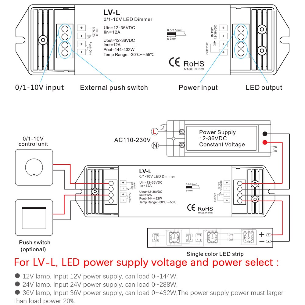 LV-L DC12-36V 12A PWM CV 1 Channel 0/1-10V Dimming  Driver