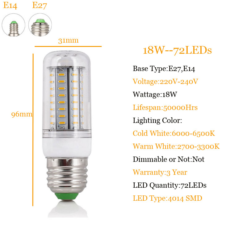 7W 9W 12W 15W 18W 20W 25W 28W 30W 35W E14 E27 4014 SMD LED Corn Bulb Lamp AC220V-240V Chandelier LEDs Candle Light