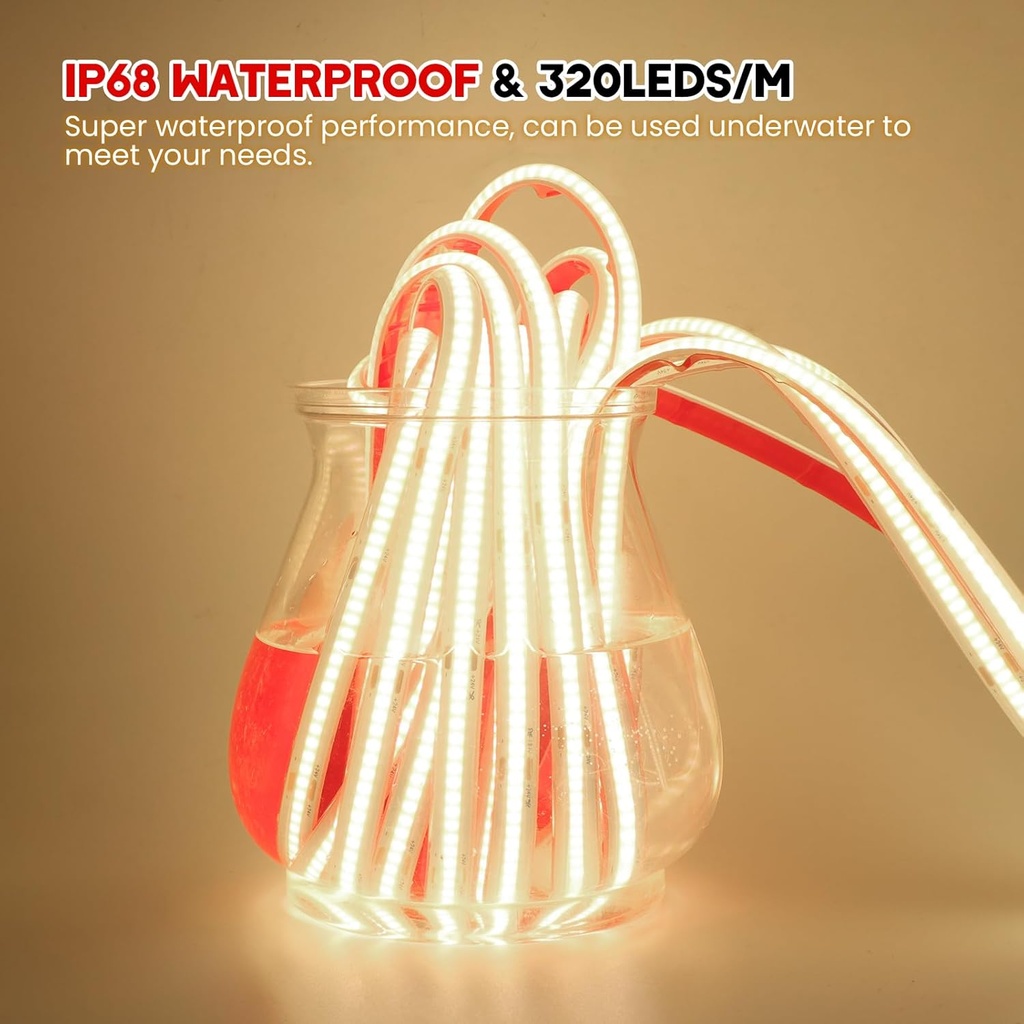 DC24V Waterproof IP68 COB LED Light Strip 360LEDs/m 5M/16.4ft High Density Flexible Tape 3000-6500K