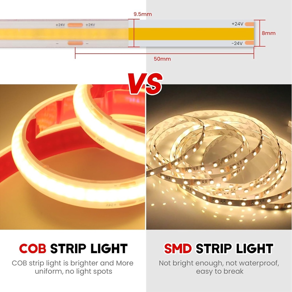DC24V Waterproof IP68 COB LED Light Strip 360LEDs/m 5M/16.4ft High Density Flexible Tape 3000-6500K