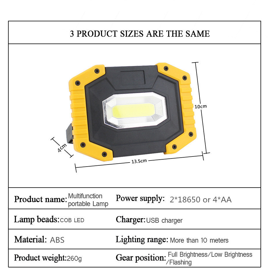 20W Recharge Portable COB LED Floodlight Outdoor Working Light With 18650 Battery