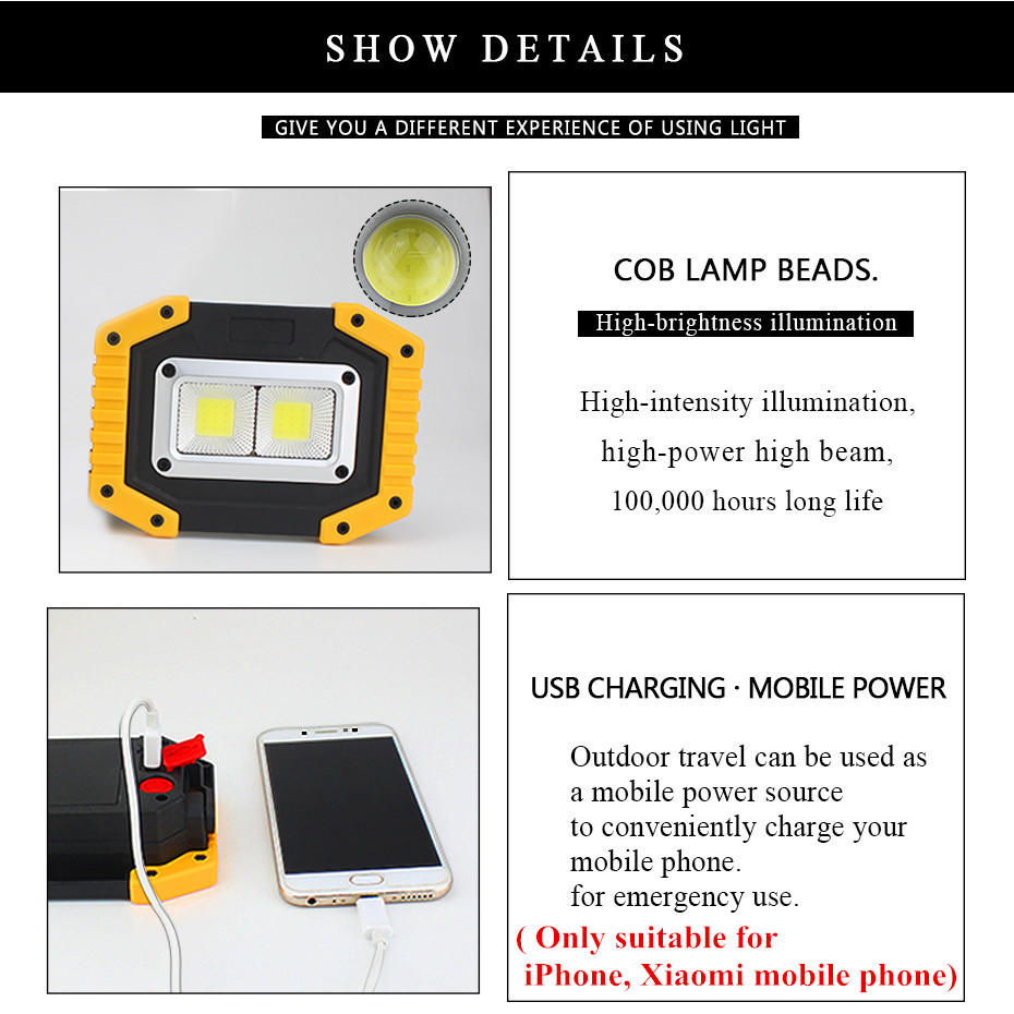 20W Recharge Portable COB LED Floodlight Outdoor Working Light With 18650 Battery