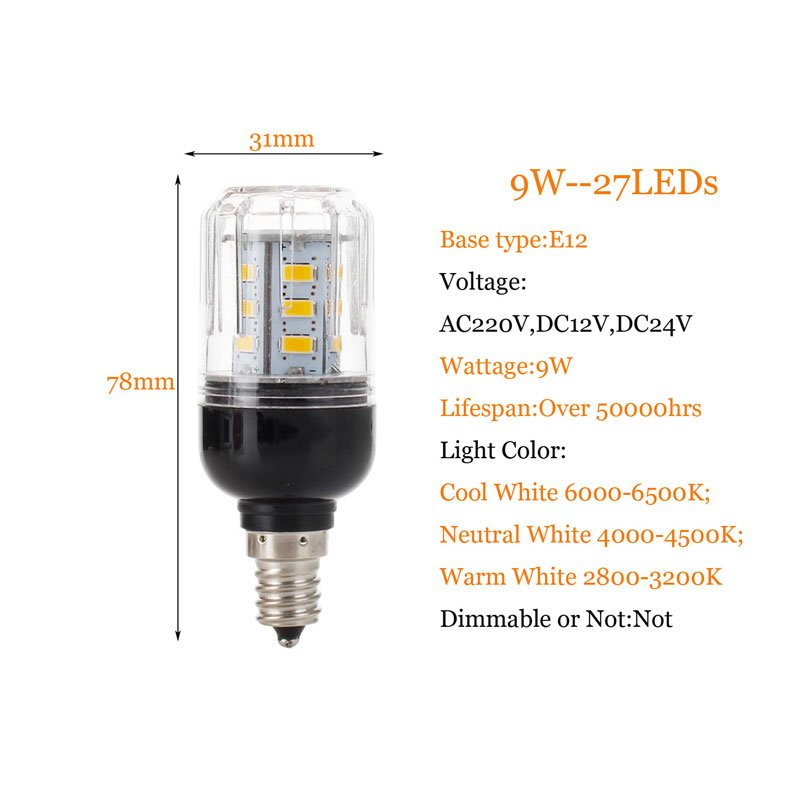 9W E26 E12 5730 SMD LED Corn Bulb Lamp 110/DC12V/DC24V Chandelier LEDs Candle light