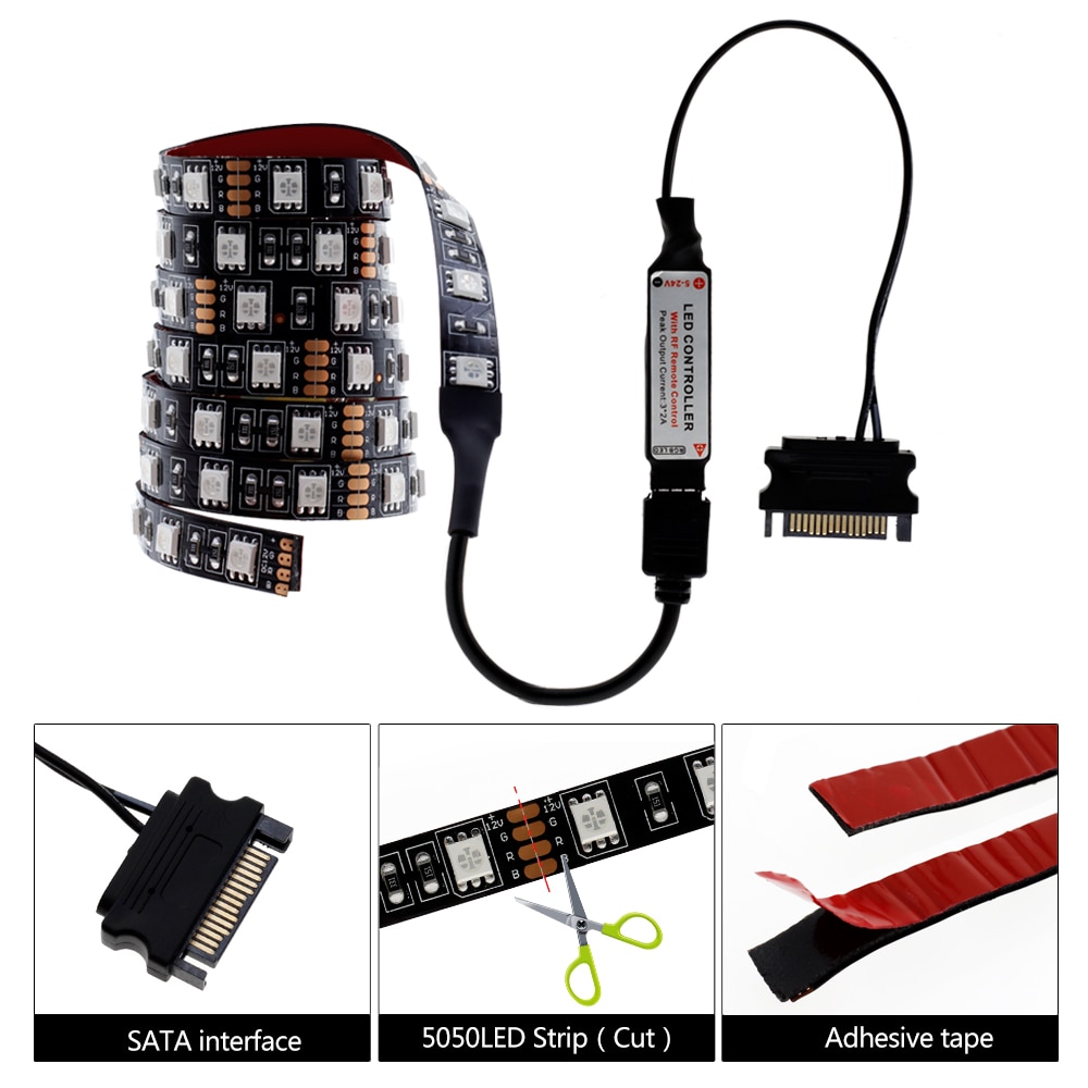 12V PC RGB LED Strip SATA Power Supply with 17 Key RF Remote Controller Computer Case Colour Lighting