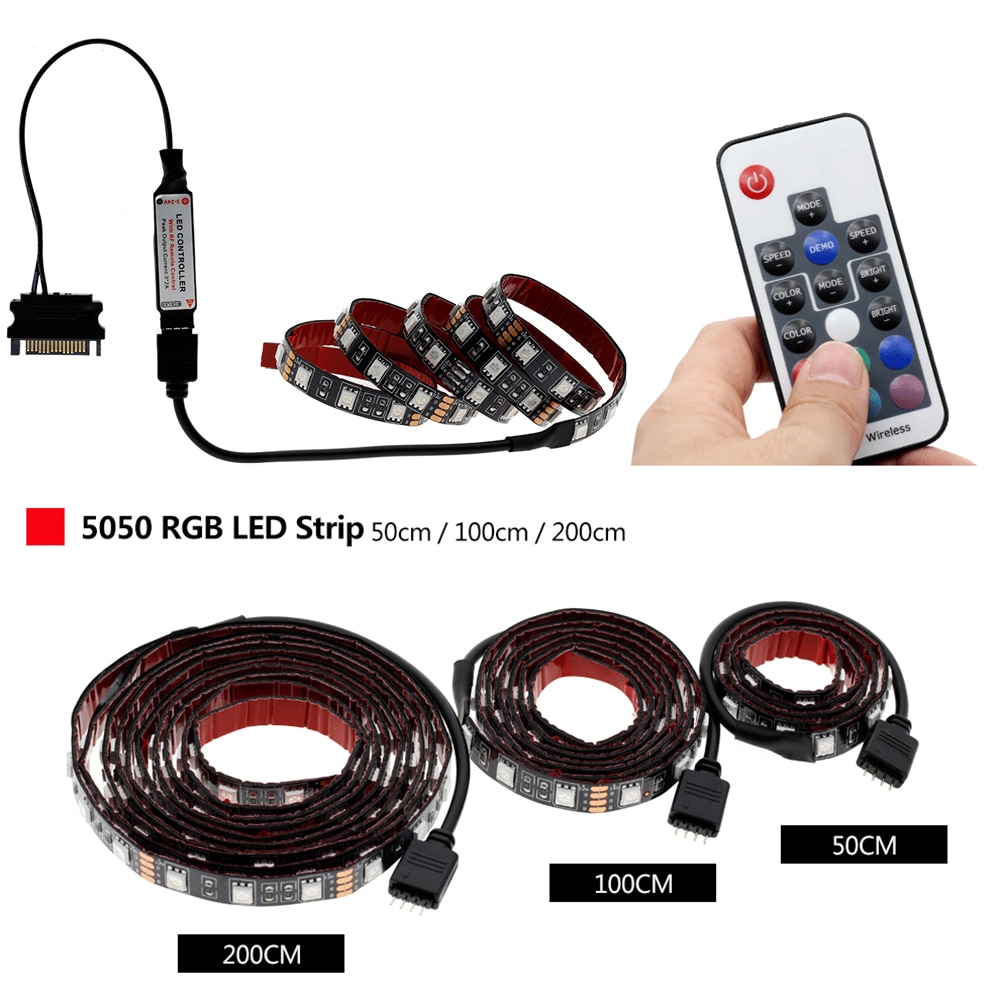 12V PC RGB LED Strip SATA Power Supply with 17 Key RF Remote Controller Computer Case Colour Lighting