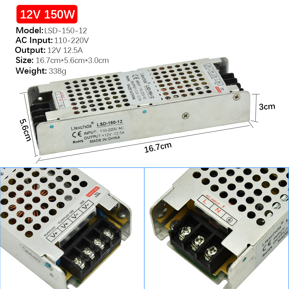 190V-220V to DC12V 150W Ultra-thin Driver Power Supply Adapter Transformer for LED Strip Lights