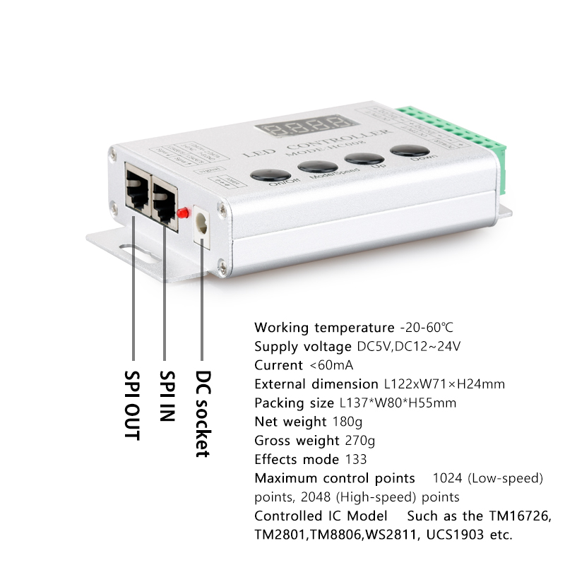 2 Channels Output SPI Magic Dream Color Controller HC008 with RF Remote Controller