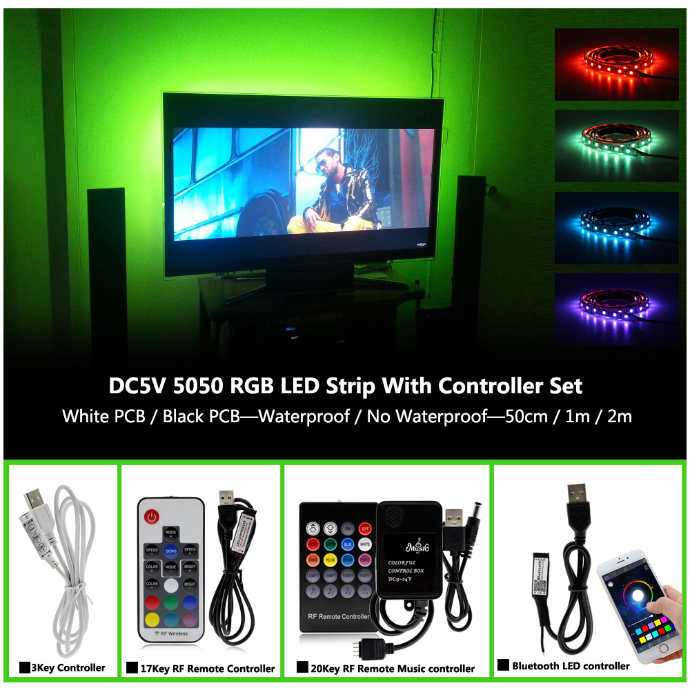 5V 5050 SMD RGB LED Strip with USB Controller For TV Background Lighting Music Control / Bluetooth / RF 17Key / mini 3Key Set
