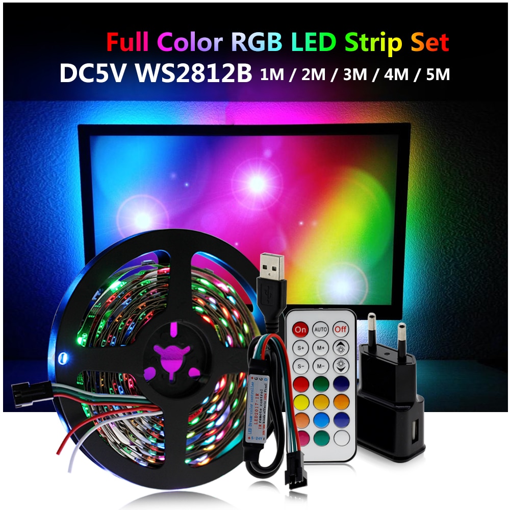 5V LED Strip Dream Color Set WS2812B RGB Runing Color Changeable USB LED Strip + 21Key Controller + Power Adapter