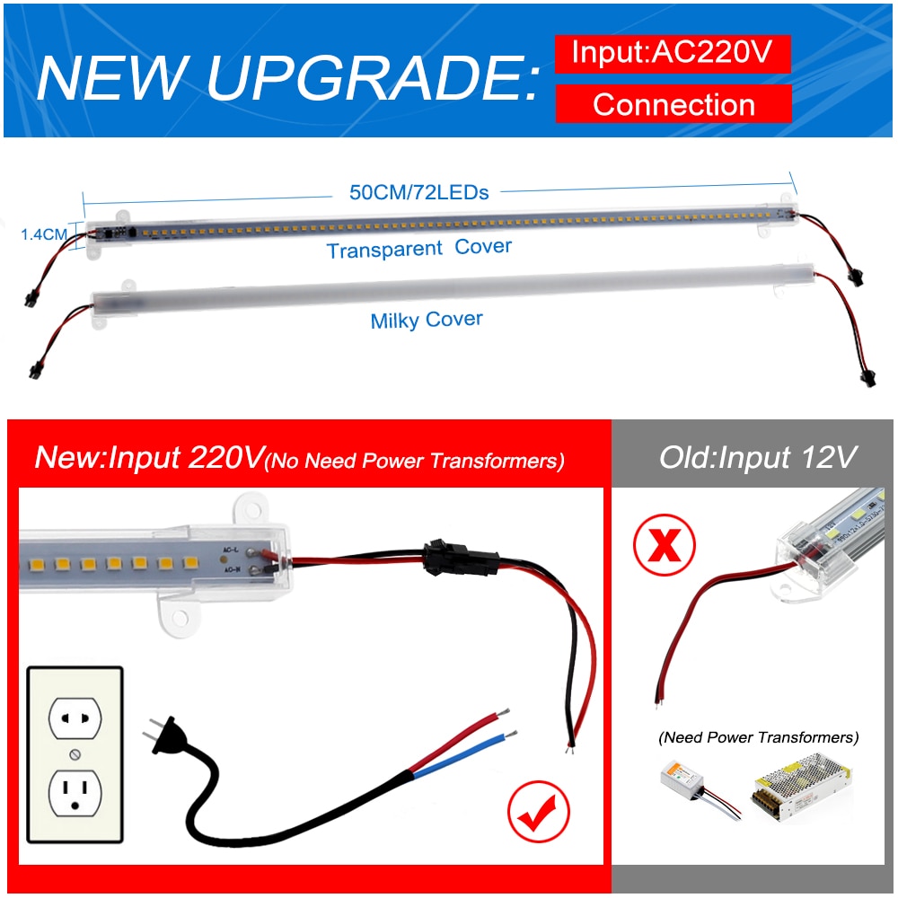 AC220V SMD 2835 Rigid LED Light Bars 50cm 72LEDs High Brightness Strip