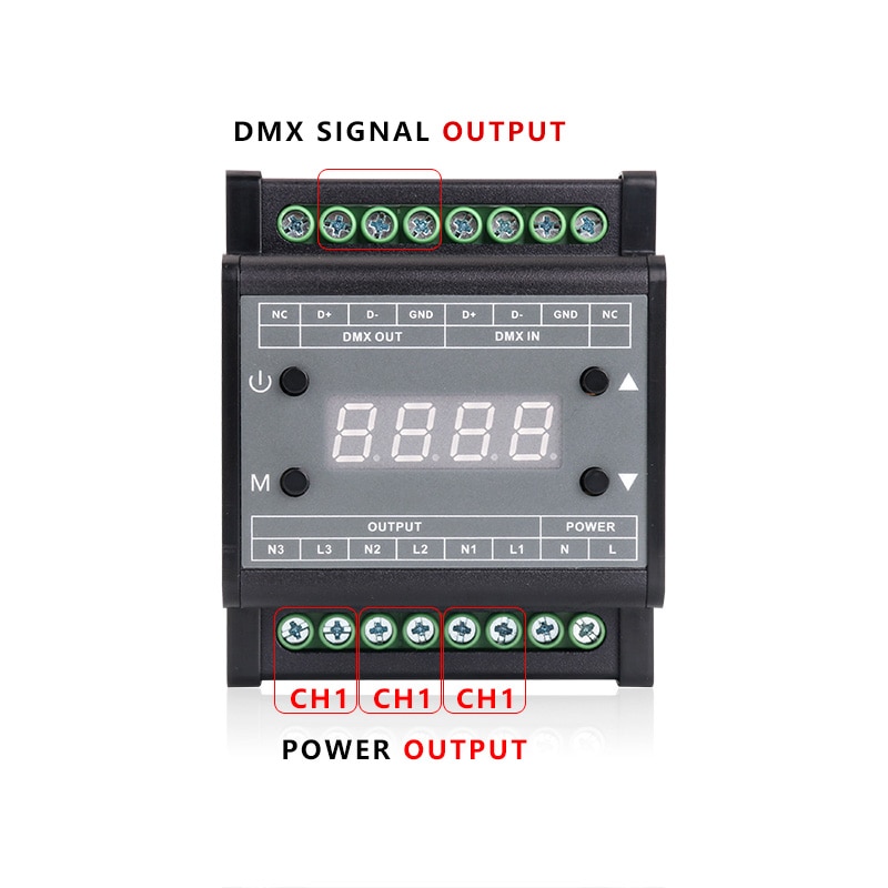 AC90-240V 3CH Output Guide Rail Type DMX Triac Dimmer with Digital Tube Display