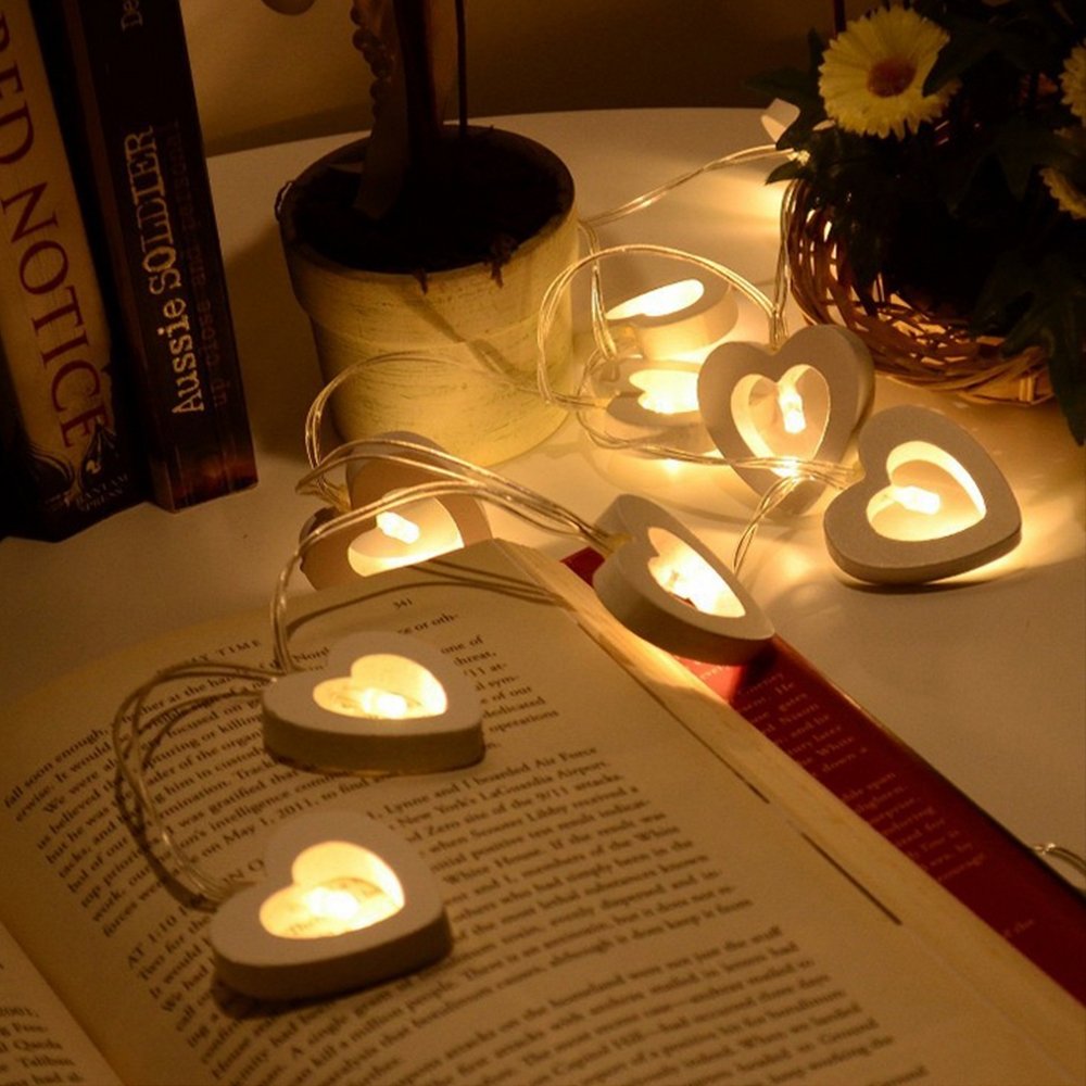 Battery Powered LED Wooden Heart Shape Light String 1.5/2.2/3M