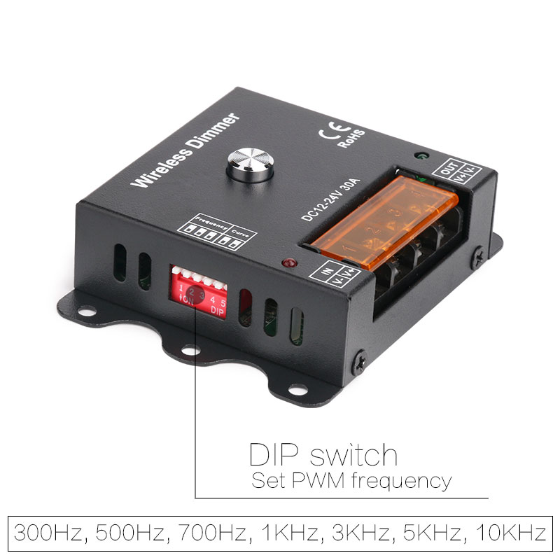 DC12-24V Frequency Adjustable RF 433mHz Remote Dimmer, 300hz 500hz 700hz 1khz 5khz 10khz 30A