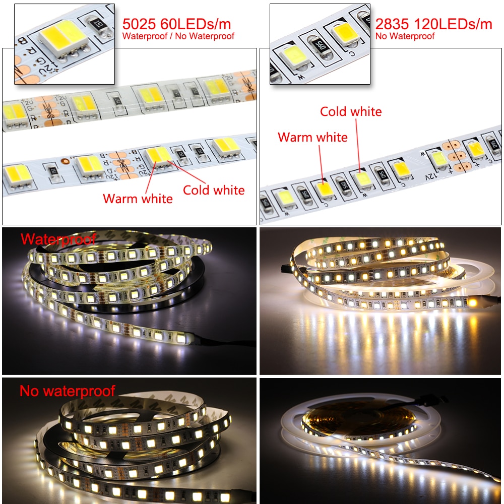 DC12V 5025 SMD Flexible LED Strip 60LEDs/m Emitting Double Color Warm White + Cold White