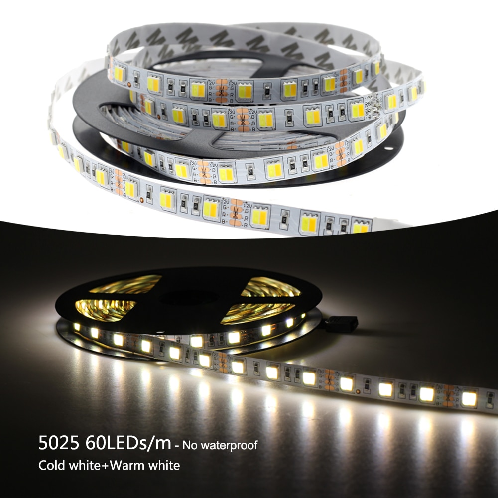 DC12V 5025 SMD Flexible LED Strip 60LEDs/m Emitting Double Color Warm White + Cold White