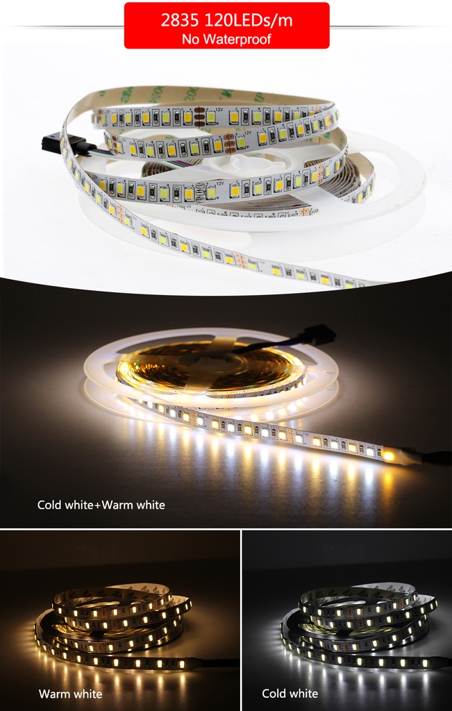 DC 12V 2835 SMD Flexible LED Strip Emitting Double Color Warm White + Cold White