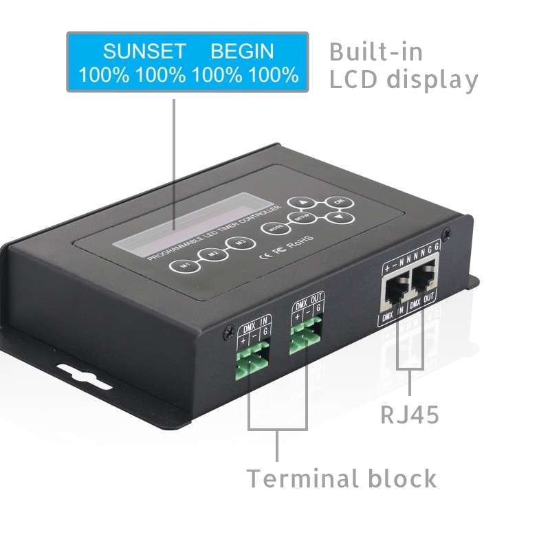 DC 9V Constant Voltage 4 Channels Brightness Adjusting DMX512 Output Programmable DMX512 Timer Dimmer Controller for LED Lighting