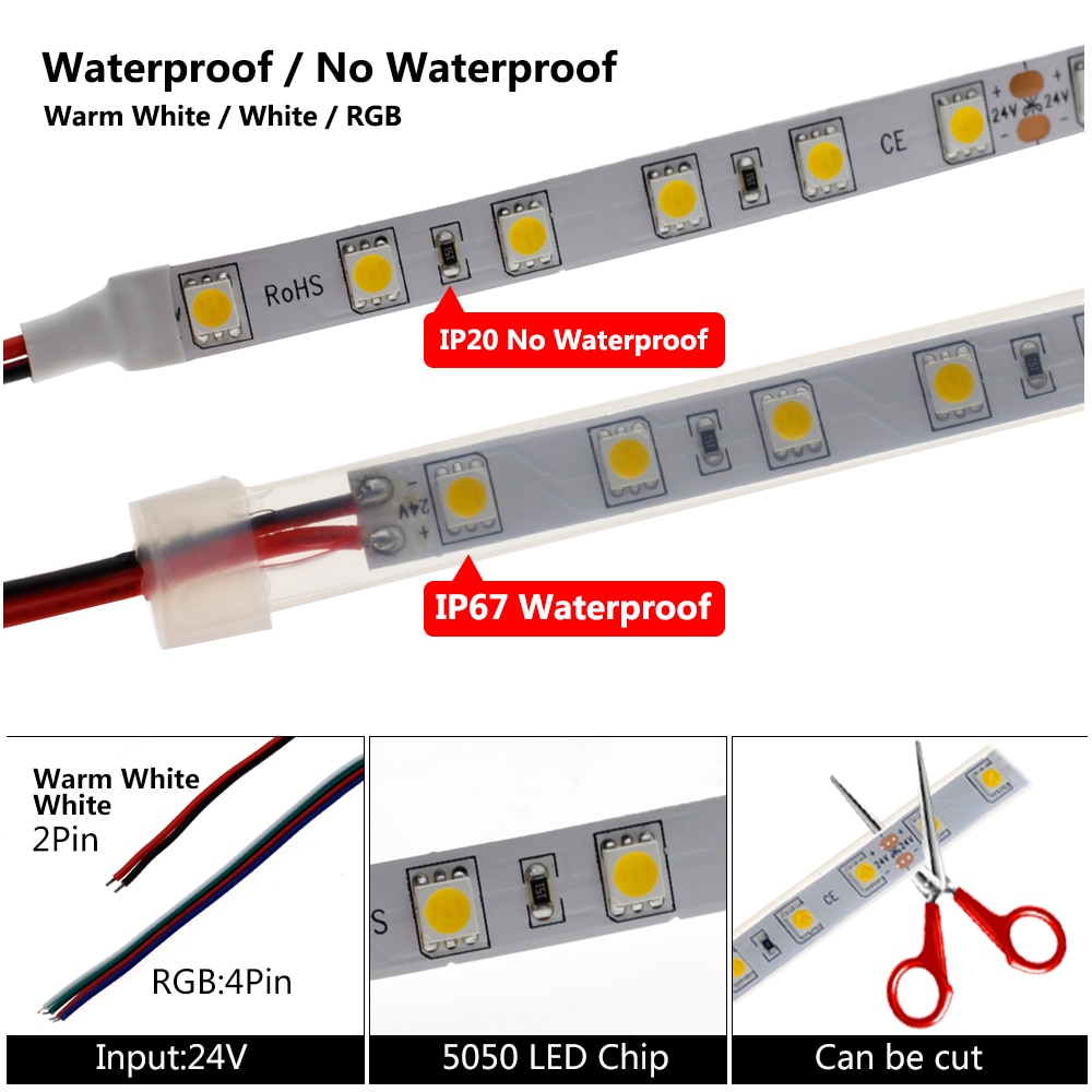 DC 24V 5050 SMD Flexible LED Strip 60LEDs/m 20m/Tape Emitting Warm White / White / RGB