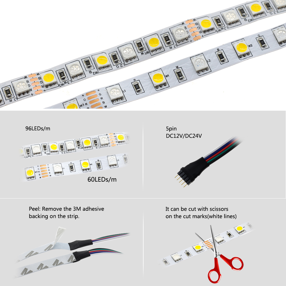 DC 12V/24V 5050 SMD Flexible LED Strip 60LEDs/m 96LEDs/m Emitting RGBW RGB + White / RGB + Warm White