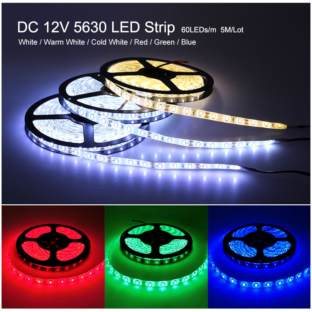 DC 12V 5630 SMD Flexible LED Strip 60LEDs/m Emitting White/Blue/Red/Warm White/Cold White/Green