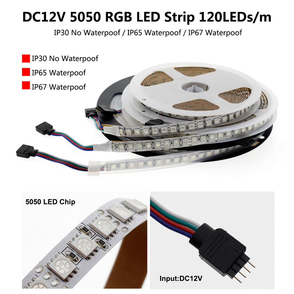 DC 12V 5054 SMD LED Flexible Strip 120LEDs/m Waterproof IP20/IP65/IP67 Emitting Warm White Cold White Ice Blue Pink