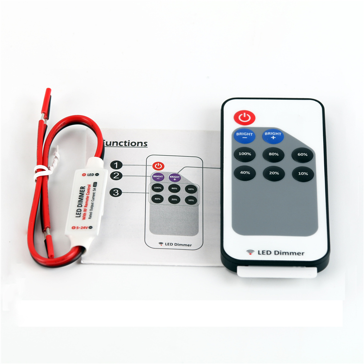 DC5V DC12V DC24V 12A Mini Single Color LED Strip Dimmer Controller with Card Type Remote + Red & Black Connect Line