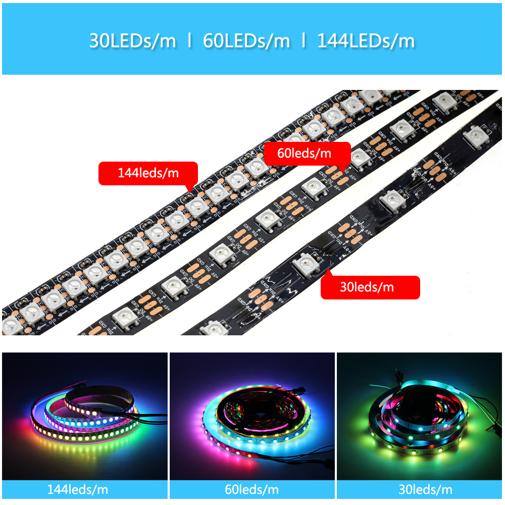 DC5V Full Color WS2812B LED Strip Black / White PCB Board RGB Smart Pixel Control