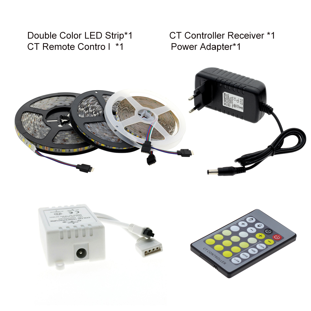 Double Color Led Strip Light 5025 / 2835 Cold White + Warm White 12V Strip 5M + CT Remote Controller +12V 3A Power Supply