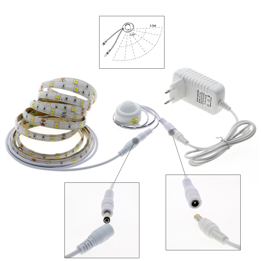 Motion Sensor LED Strip 5050 Waterproof 30LEDs/m Warm White + Intelligent Sensor Light Control