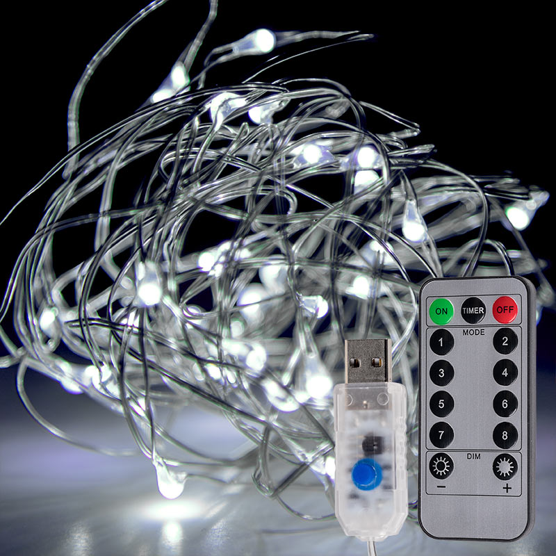 USB Powered LED Fairy Light String Remote Control Silver Wire 10M