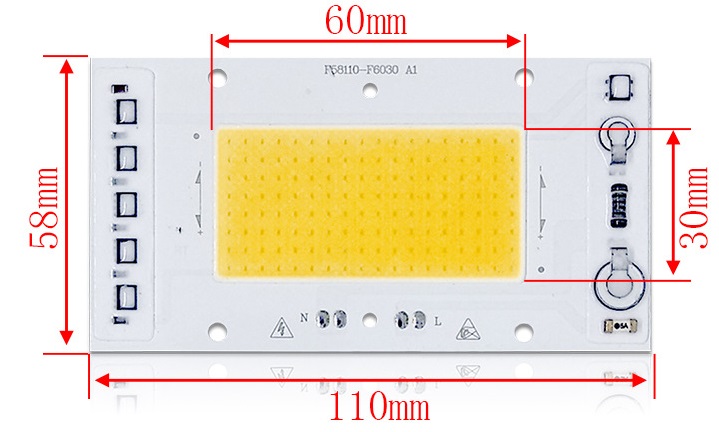 30W 40W 50W Driverless LED Light COB Chip Spotlight Size 110x58mm Emitting 60x30mm