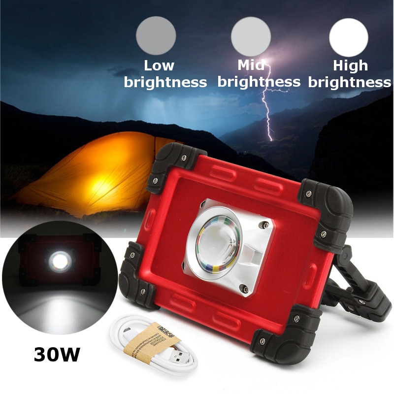 30W Recharge Portable COB LED Floodlight Lithium 18650 Battery USB Charging Outdoor Working Light
