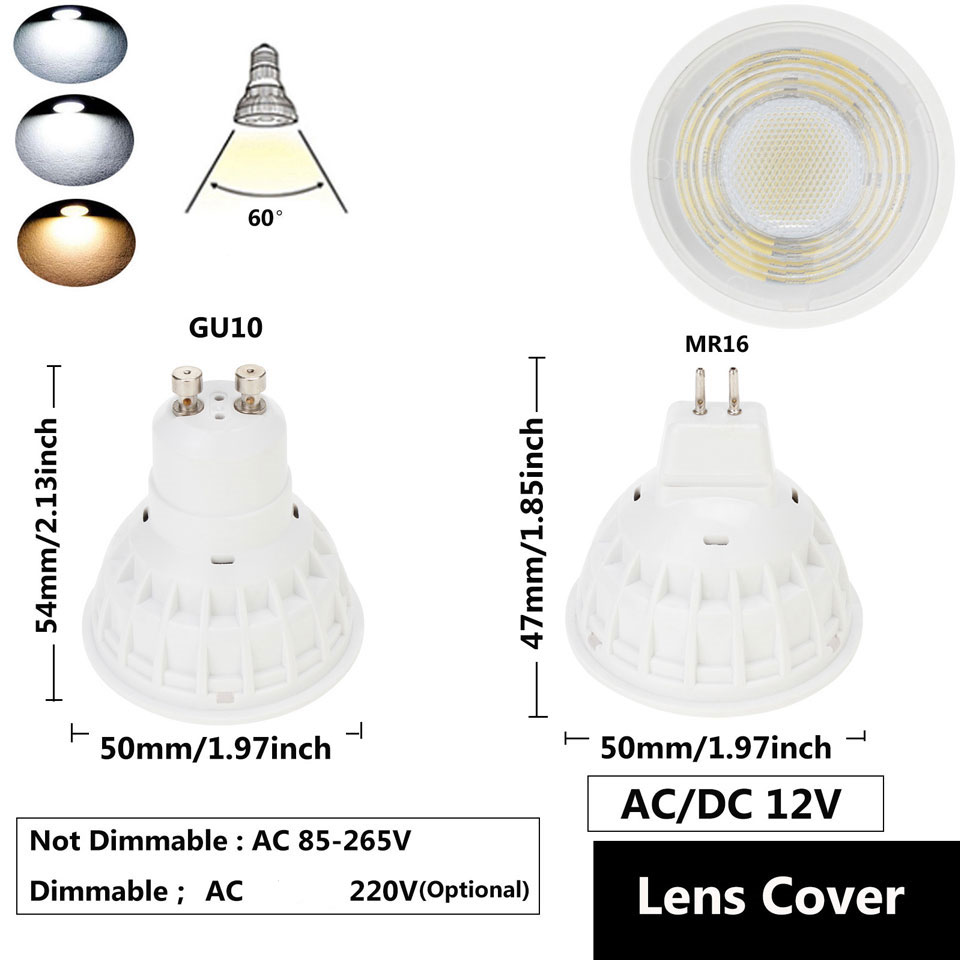 15W GU10 MR16 COB LED Bulb Lamp AC85-265V DC12V LED No Dimmable Spotlight Lens Cover