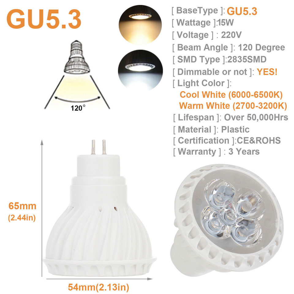 15W E27 GU10 GU5.3 2835 SMD LED Bulb Lamp AC220V Home Light Aluminum Dimmable Spotlight