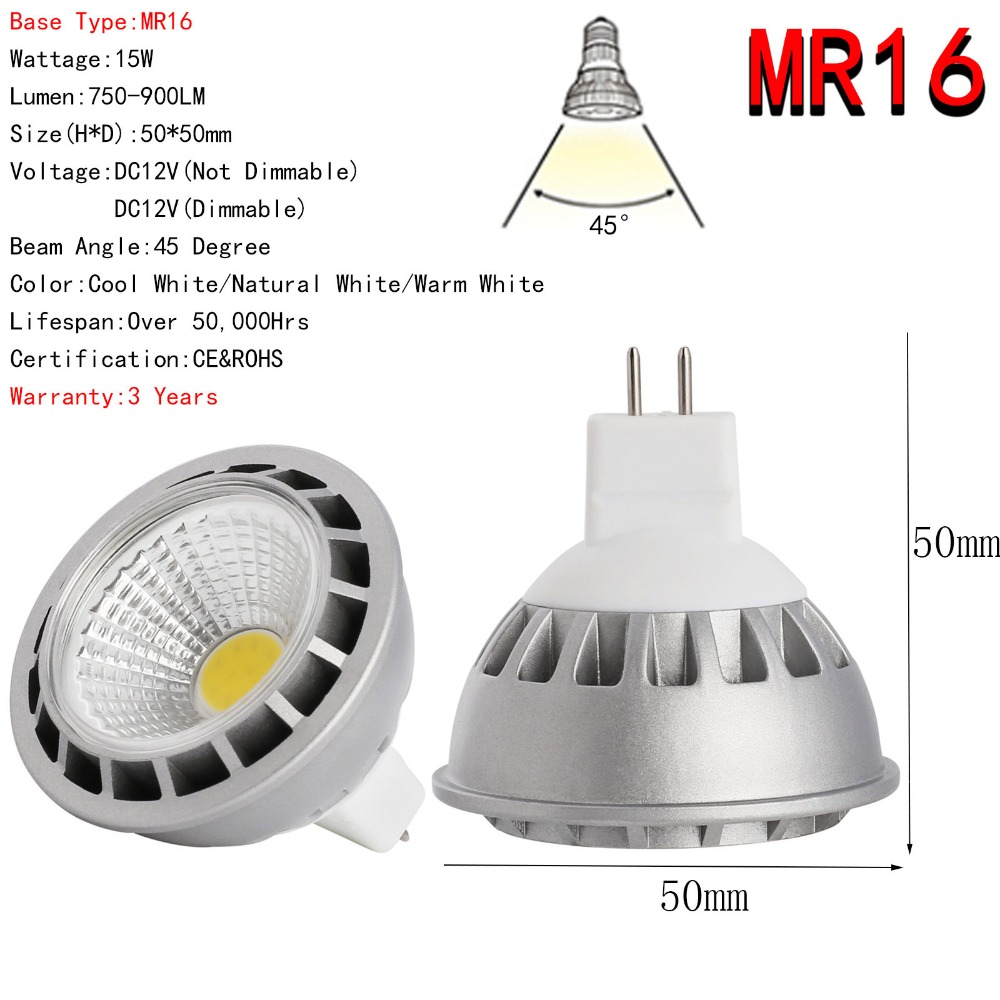 15W E27 GU10 MR16 LED Bulb Lamp AC110V/220V/85-265V DC12V Home Light Aluminum Spotlight