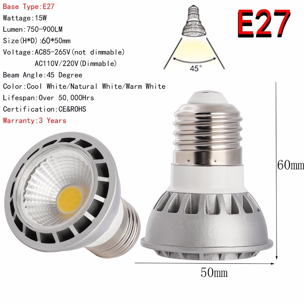 15W E27 GU10 MR16 LED Bulb Lamp AC110V/220V/85-265V DC12V Home Light Aluminum Spotlight