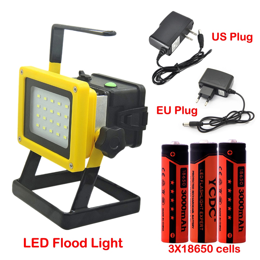 30W Recharge Portable LED Floodlight Lithium 18650 Battery 20LEDs IP65 100-240V Light +Charger